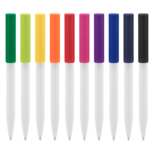 BP307, BOLÍGRAFO CROMA II. Cuerpo blanco y clip de diferentes colores. Bolígrafo retráctil. Clip plástico de colores. Tinta negra. Sistema de botón push para destapar. Amplia área de impresión.
