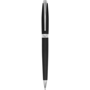 BP283, Bolígrafo Metálico “MILOS”. Cuerpo color negro engomado, electroplateado en parte superior. Clip, punta y detalles en color plata. Apertura giratoria. Con estuche de cartón. Cartucho metálico.