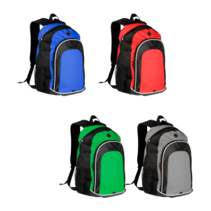 TX-042, Mochila Palermo. Mochila promocional tipo backpack fabricada en poliéster, con bolsa de red a un costado y salida para audífonos.