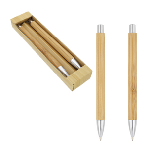 BM-17020S, Bolí­grafo y lápicero de bambú con punta metálica y mecanismo de click. Incluye estuche.