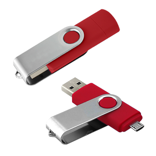 USB026-04GB, USB giratoria metalica con entrada OTG que permite transferir con facilidad contenido entre computadoras y dispositivos Android™ aptos para OTG. Capacidad 4 GB.