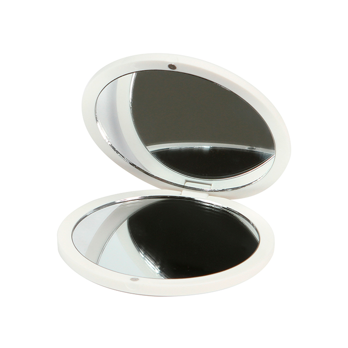 BE-015, Espejo redondo doble fabricado en plástico, 7.6 cm de diámetro.