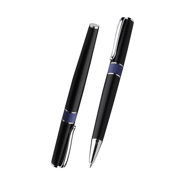 ST-019, Set de bolígrafos ball pen y roller pen con barril metálico en estuche de cartón, tinta de escritura negra.