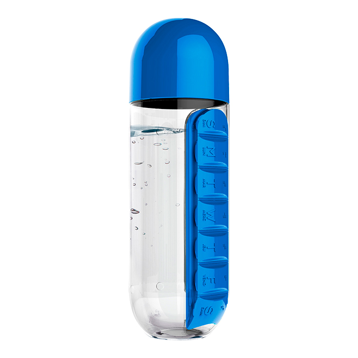 TE-060, Botella fabricada en tritan, pastillero integrado con 7 compartimentos, uno para cada día de la semana, capacidad de 600 ml.