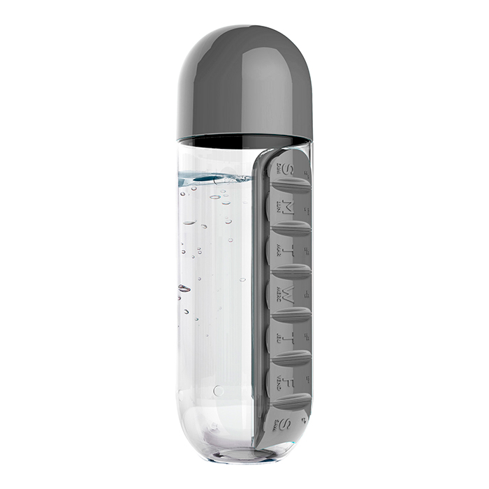 TE-060, Botella fabricada en tritan, pastillero integrado con 7 compartimentos, uno para cada día de la semana, capacidad de 600 ml.