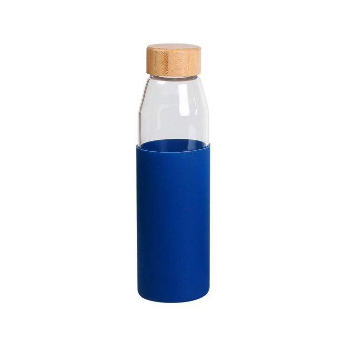 TE-159, Botella de vidrio de borosilicato con manga de silicon tapa tipo rosca fabricada en bambú, fabricado en materiales de grado alimenticio, apto para microondas. Capacidad de 550 ml. Incluye caja de cartón individual.