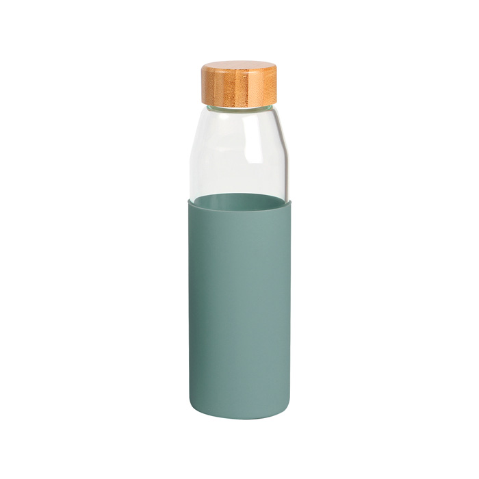 TE-159, Botella de vidrio de borosilicato con manga de silicon tapa tipo rosca fabricada en bambú, fabricado en materiales de grado alimenticio, apto para microondas. Capacidad de 550 ml. Incluye caja de cartón individual.