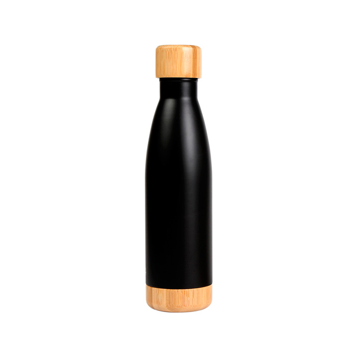 TE-171, Botella de acero inoxidable doble pared con tapa de rosca fabricada en bambú detalles en la base, del mismo material. Capacidad de 500 ml.