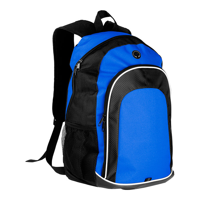 TX-042, Mochila Palermo. Mochila promocional tipo backpack fabricada en poliéster, con bolsa de red a un costado y salida para audífonos.