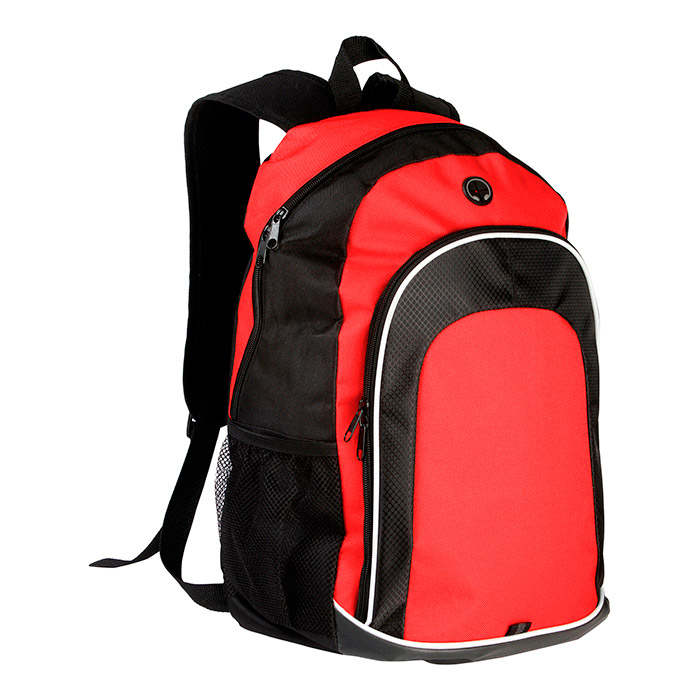 TX-042, Mochila back pack fabricada en poliester con bolsa de red a un costado y salida de audifonos, colores: azul, naranja, verde y rojo