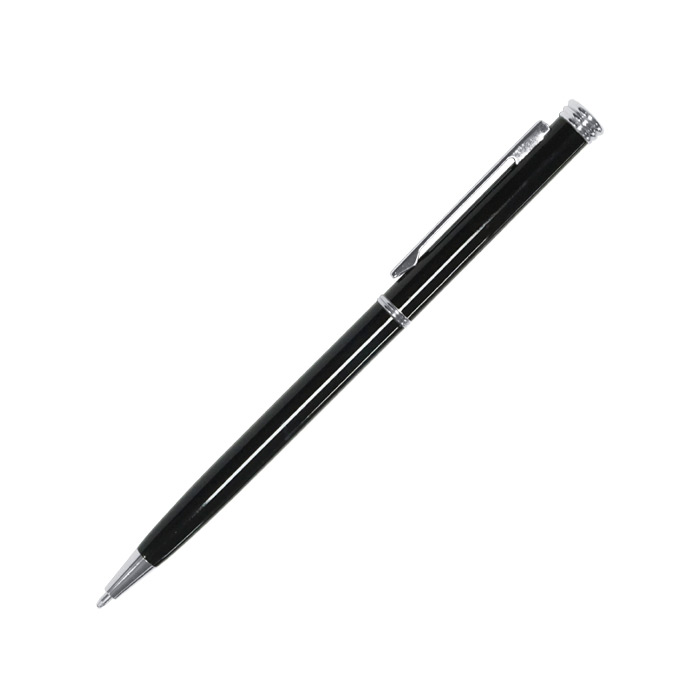 A2982, Bolígrafo metálico de suave escritura y cuerpo delgado en color negro satinado, cuenta con clip, punta, anillos centrales y detalle superior cromados. Mecanismo retráctil.